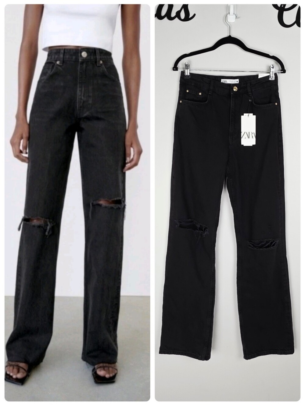 Zara Black Super High-Rise Straight-Leg Full‎ Lenght Distressed Jeans Size 8 NWT